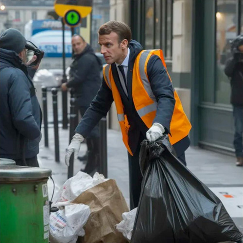 Emmanuel Macron ramassant les poubelles
