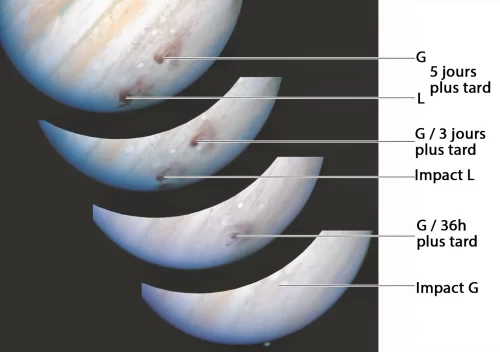Infographie de 2 des 21 impacts sur Jupiter de la comète Shoemaker-Levy 9